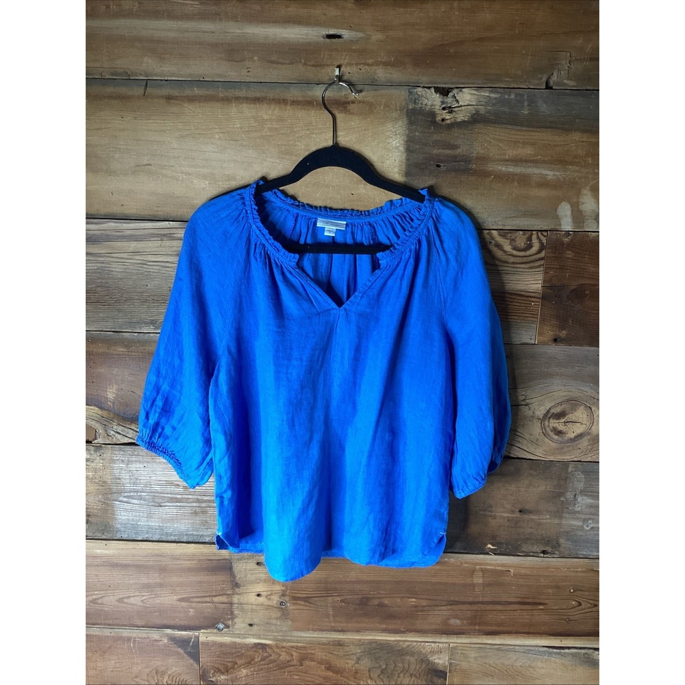 J. Jill Love Linen Top Blouse Blue  3/4 Puff Sleeve Ruffled Collar  XS